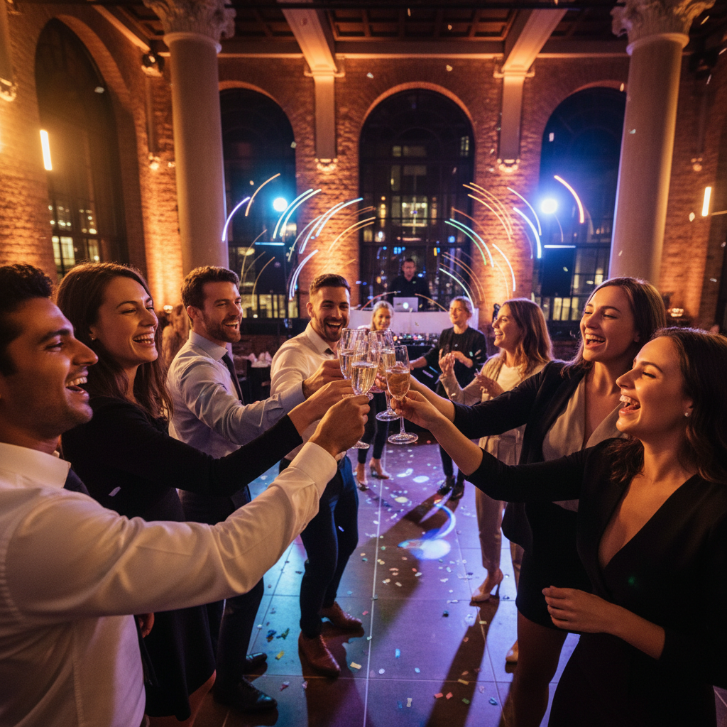 Colleagues toasting at a company holiday party in a London venue with DJ lights and a lively dance floor in the background