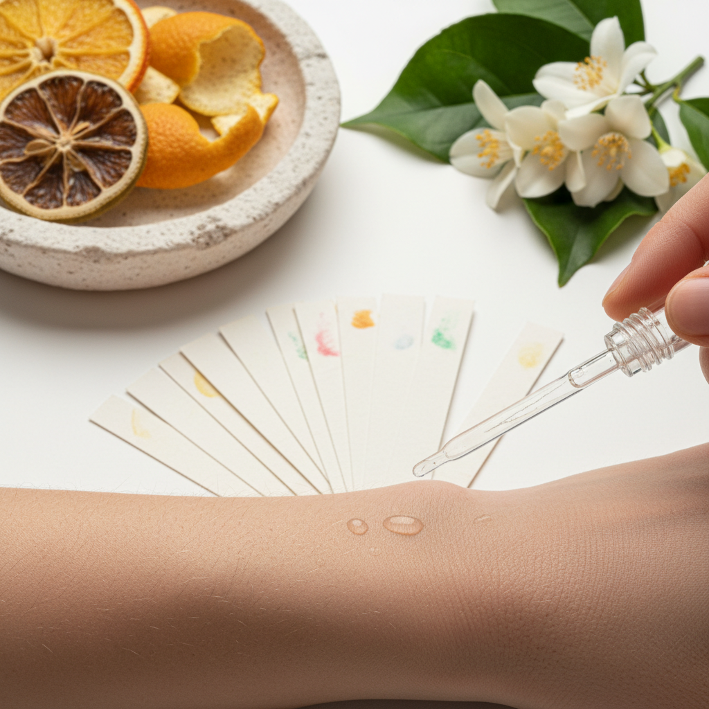 Close-up of a perfume sample vial applied to wrist with scent strips and florals; ideal fragrance sampler for women testing routine