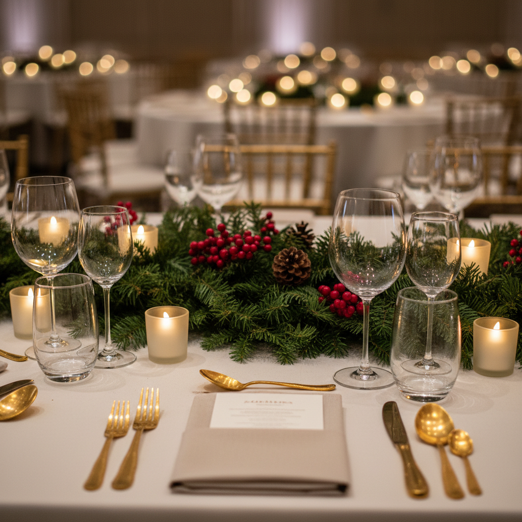 Holiday tablescape detail for a corporate Christmas party with crystal glassware, evergreen garland, and warm candlelight styling