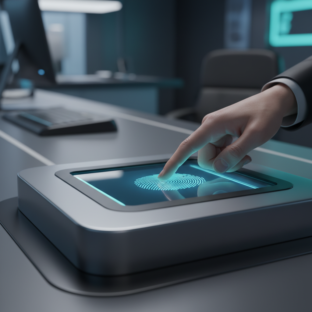 Biometric fingerprint scanner close-up; immigration identity verification detail (citizenship status context)