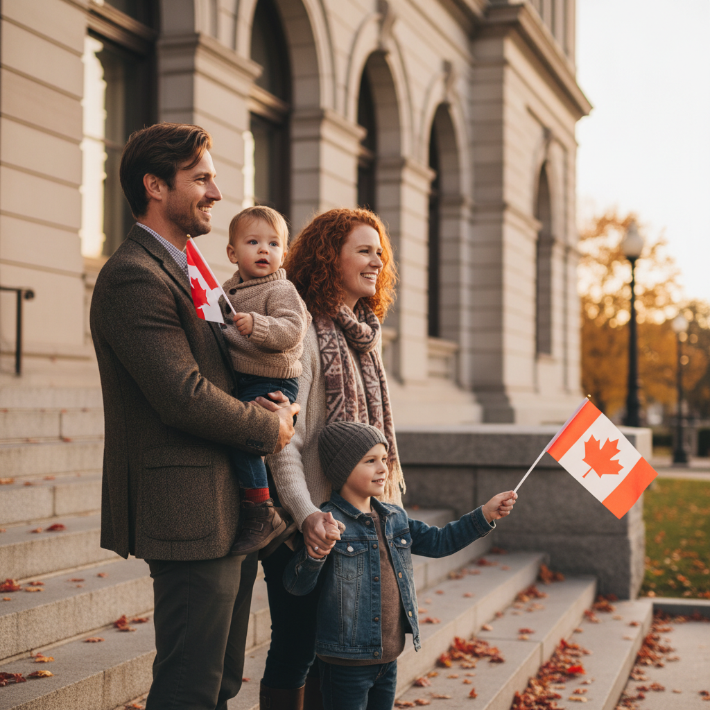 Family holding small Canadian flags after citizenship oath, celebrating approved Canadian citizenship status