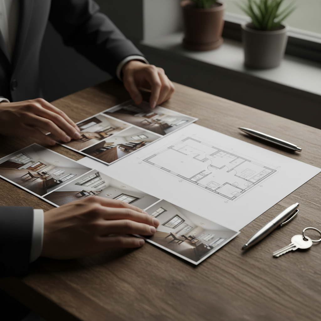 FSBO listing prep close-up: hands organizing home photos, floor plan, keys, and pen before publishing a property listing on Houseup