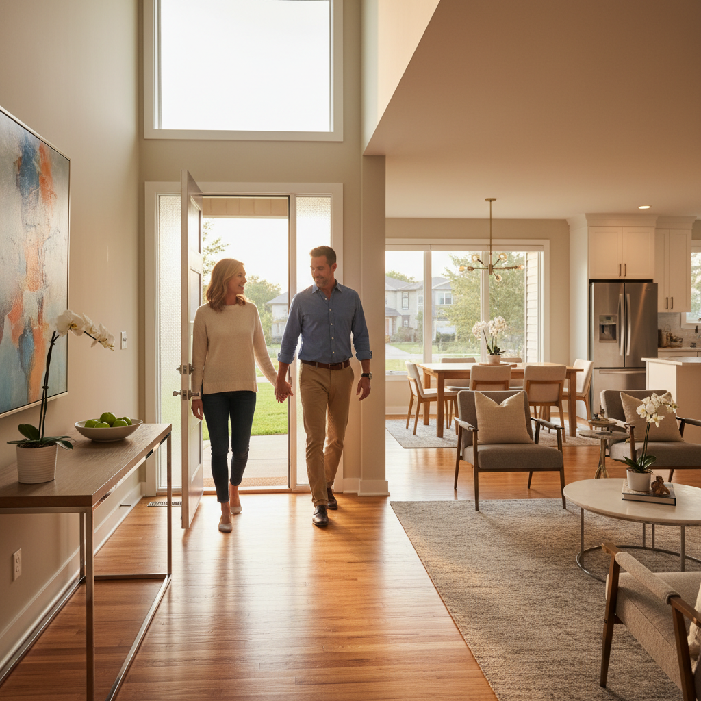FSBO home viewing scene: couple arriving to a staged suburban foyer, open-concept interior, warm natural light, showing flow organized without an agent