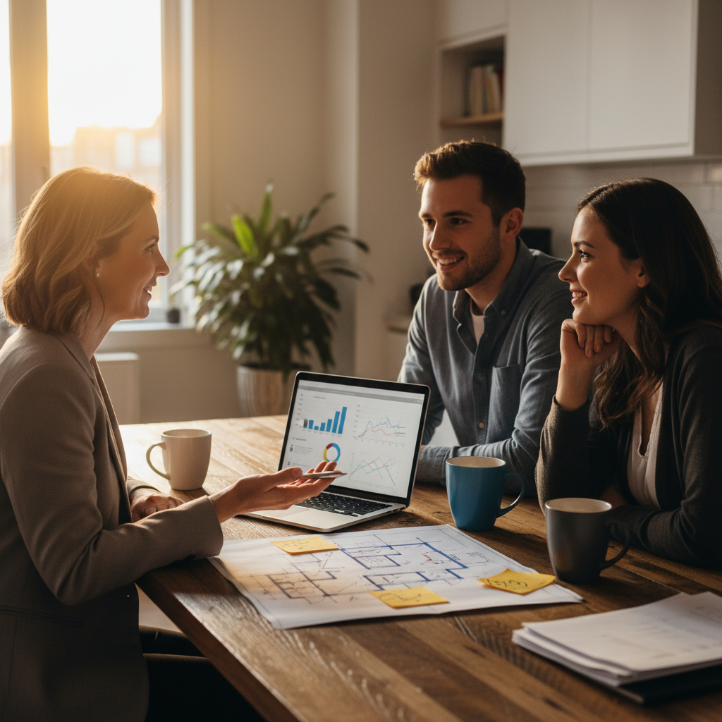 Mortgage broker meeting clients to compare home loan options with laptop and floor plan on a table