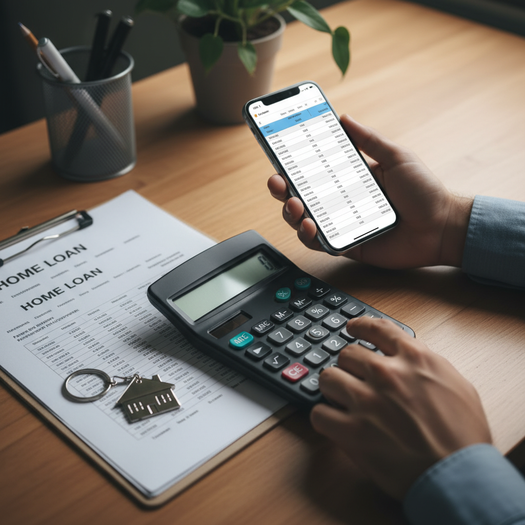 Close-up of a borrower comparing home loan options with a calculator, smartphone, and house keychain on a desk