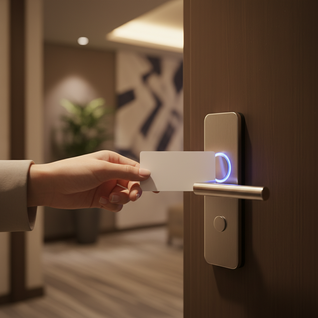 Close-up of key card tapping a hotel door lock for a hotel with late check-in in North Conway