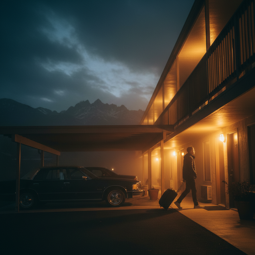Traveler with luggage walking a well-lit outdoor motel corridor during a late check-in in North Conway