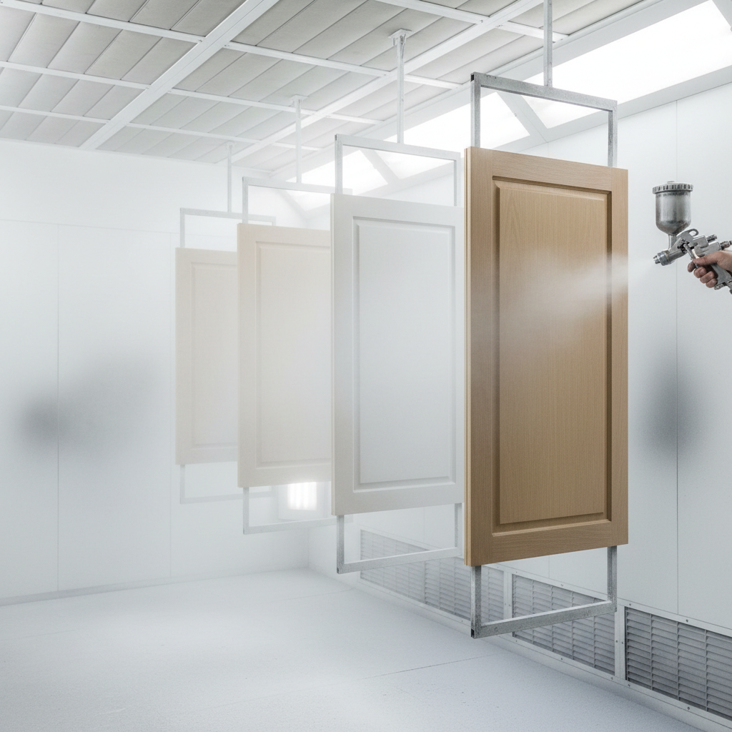 HVLP spray booth painting of cabinet doors for bathroom cabinet repainting