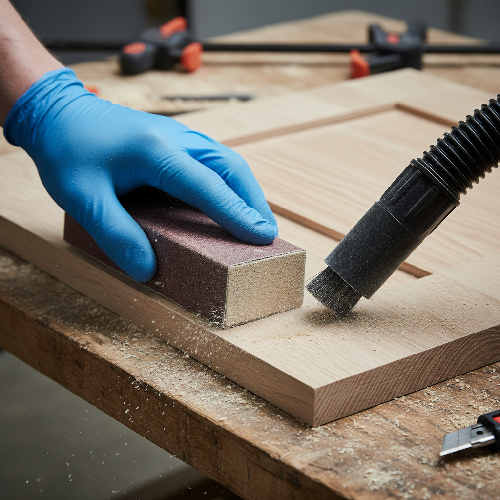 Close-up sanding detail for bathroom cabinet repainting with HEPA dust control