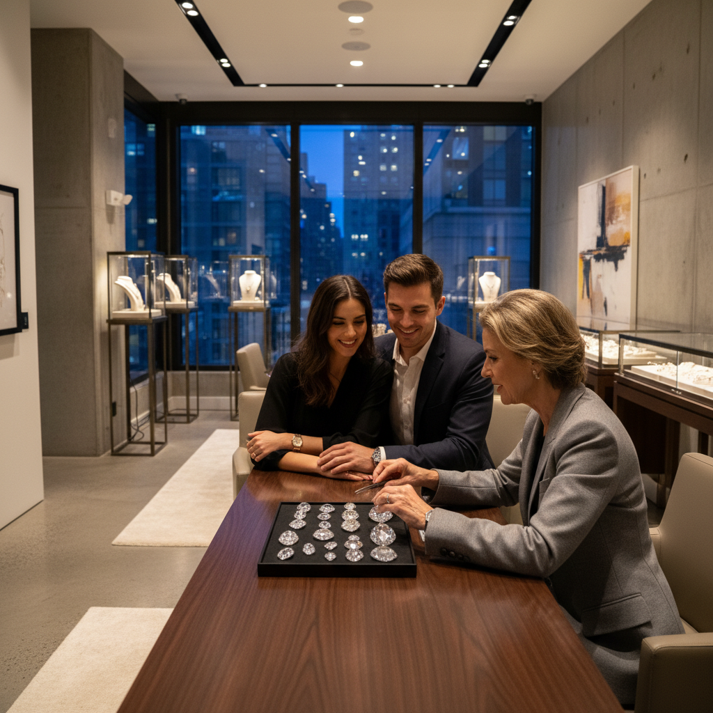 Jewelry expert consulting with a couple in a New York showroom reviewing certified lab-grown diamonds on a gem pad