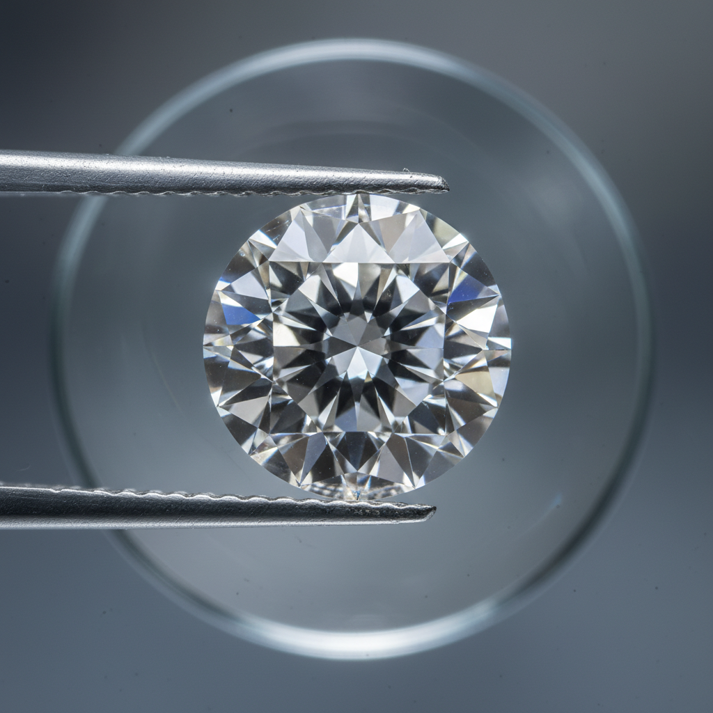 Close-up of a lab-grown diamond under a jeweler’s loupe showing facets and hearts-and-arrows pattern — verifying GIA-certified lab-grown diamond quality