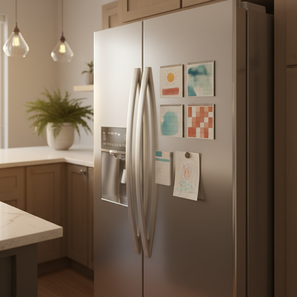 Magnet realtor calendars on a modern stainless fridge, illustrating high daily visibility