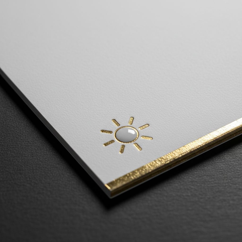 Detail of premium realtor calendar printing with matte paper, raised spot UV, and foil edge for luxury finish
