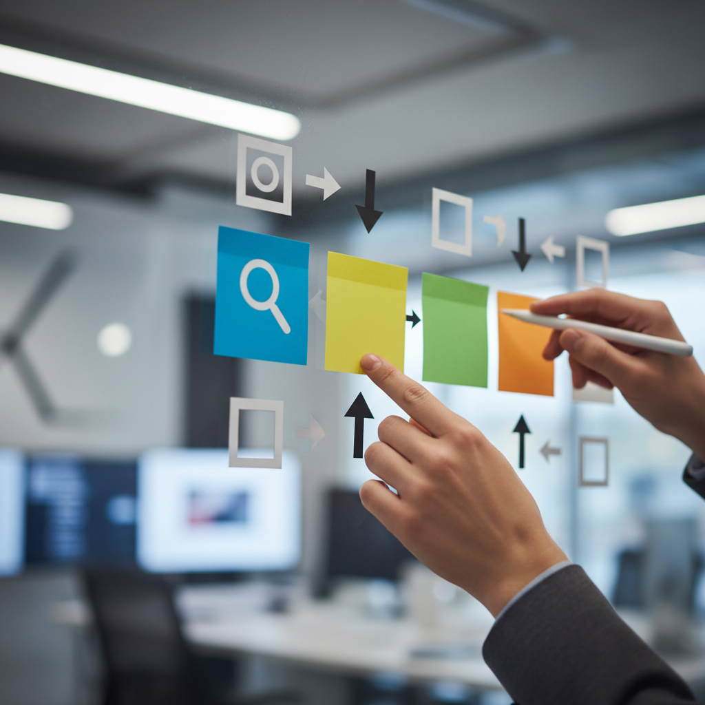Outrank.so alternative review visual showing hands planning an SEO content workflow with sticky notes and icons