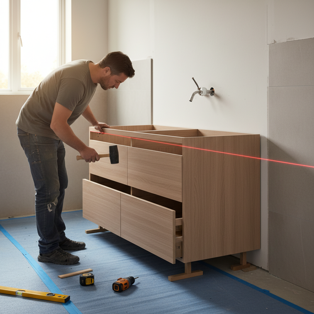 Old Bathroom Renovation: Avoid Big Mistakes in 2026 2 Vanity installation during an old bathroom renovation: leveling, shims, protected floors, and modern cabinetry
