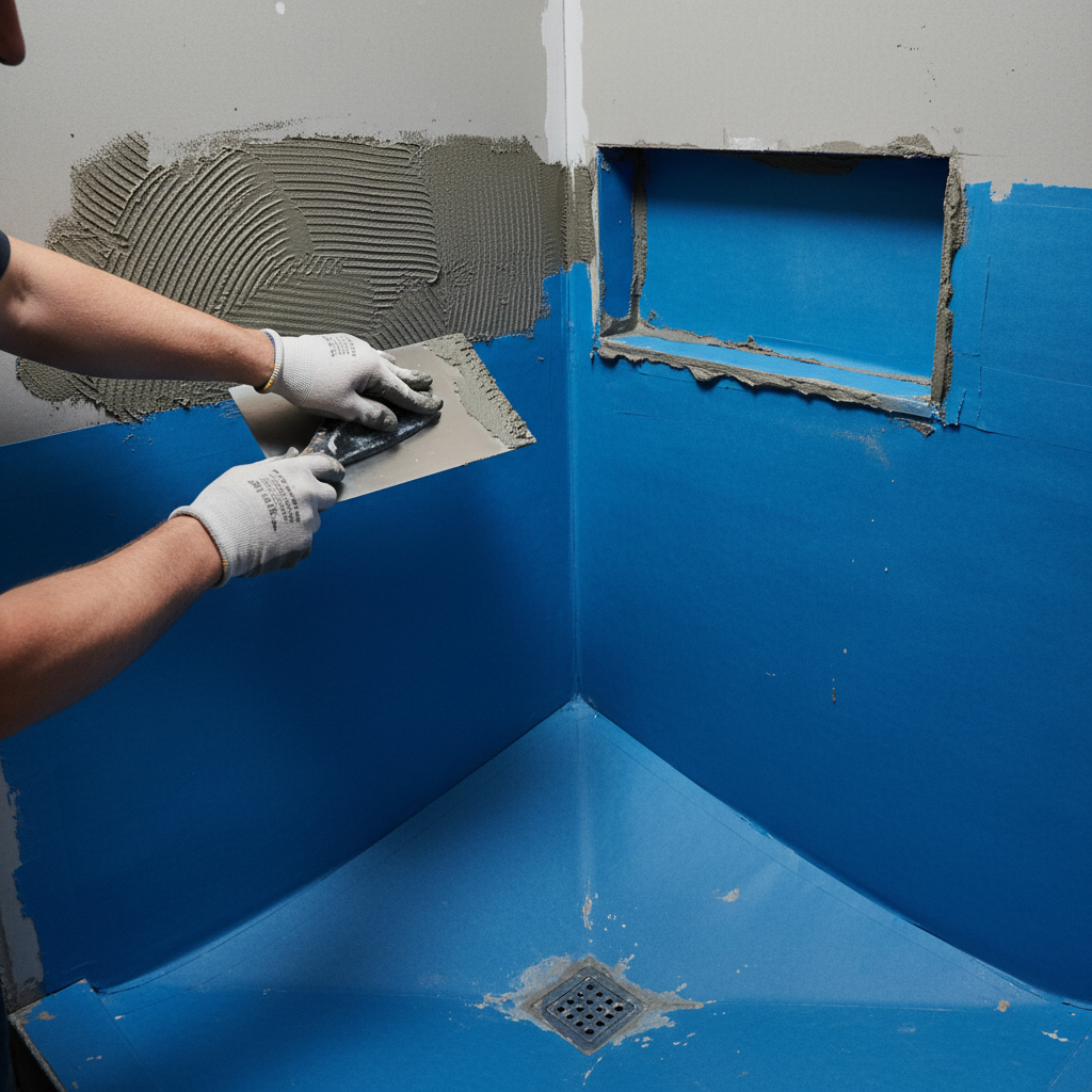 Old Bathroom Renovation: Avoid Big Mistakes in 2026 1 Close-up of shower waterproofing during an old bathroom renovation: membrane, thinset, and proper corner detailing