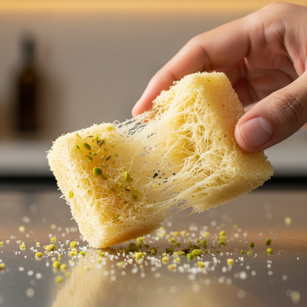 Close-up of soan papdi strands being pulled apart to show flaky texture, Indian sweet soan papdi detail