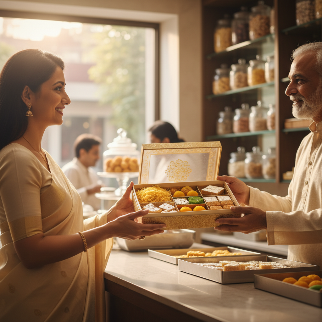 Gifting scene with assorted mithai gift box including soan papdi in a modern sweets shop, Indian sweets gifting in Brampton