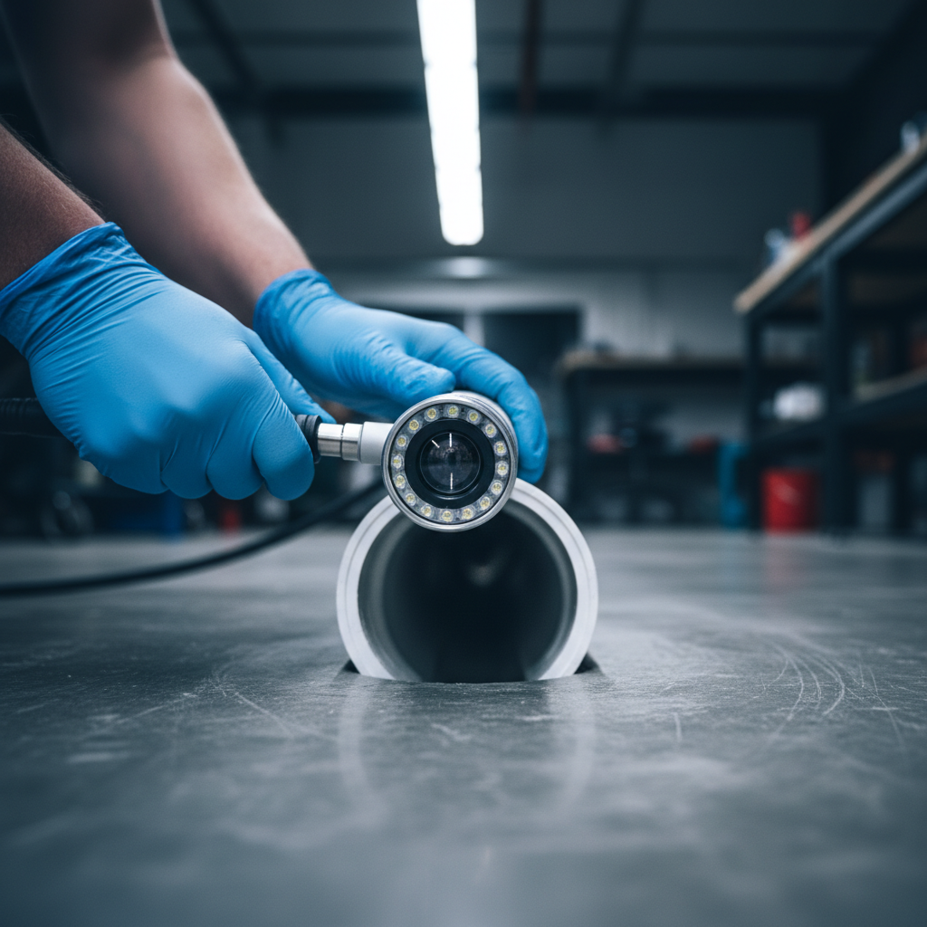 Close-up of sewer camera tool during a professional plumbing inspection to assess drain condition and control plumbing inspection cost