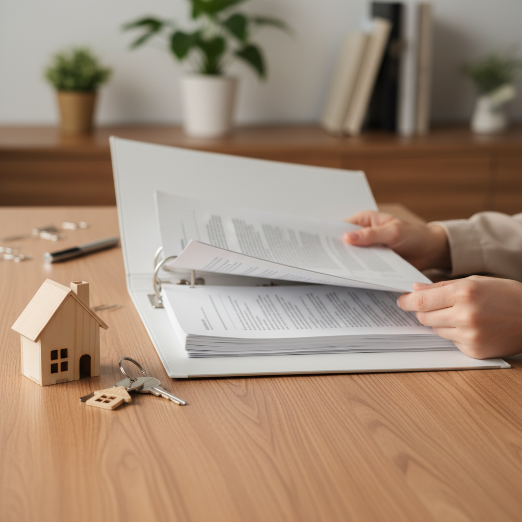 Close-up of homeowner reviewing a home insurance binder with keys and model house—illustrating broker-guided home insurance choices in Ontario