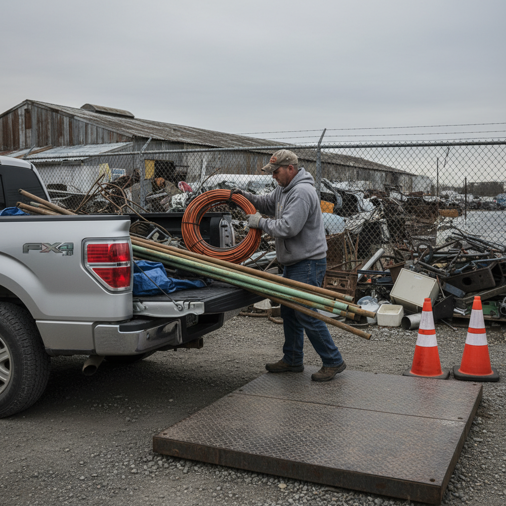 Homeowner unloading copper pipes and insulated wire at an Etobicoke recycling drop-off area near scales and cones