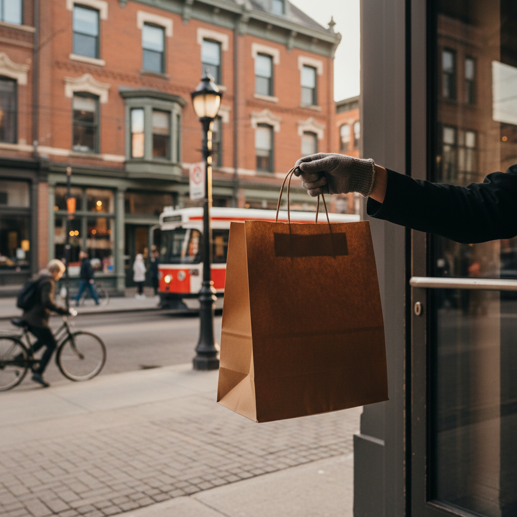 Delivery handoff scene in Old Toronto for shawarma lunch order in eco-friendly bag