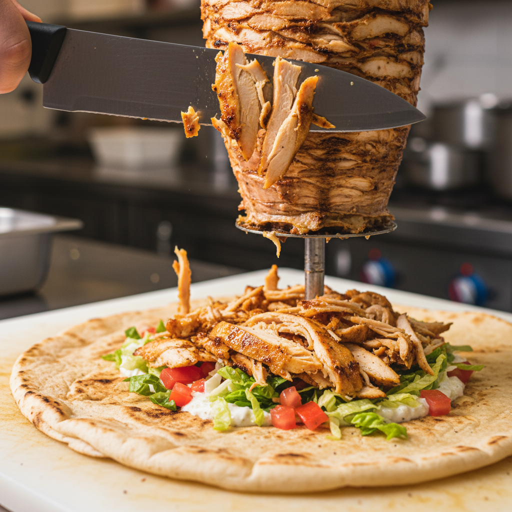 Close-up of juicy chicken shawarma sliced from rotisserie for Toronto lunch pickup or delivery