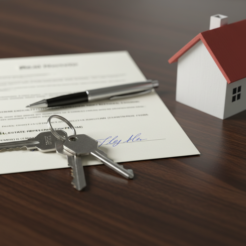Close-up of house keys and signed buyer agent representation papers, illustrating buyer advocacy and agreement details