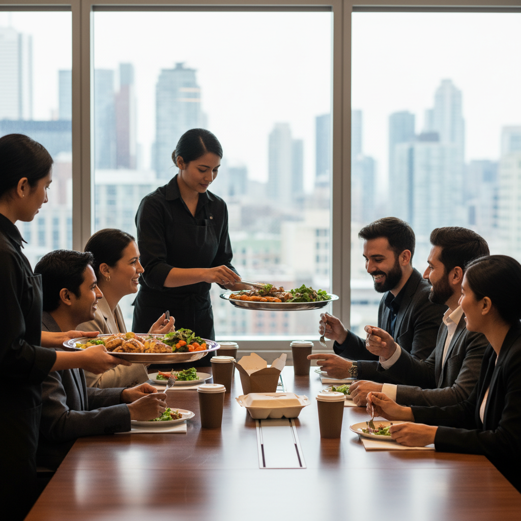 Catering team serving a corporate meeting lunch in a Toronto office, showcasing buffet and boxed meal hybrid setup to avoid meal mix-ups