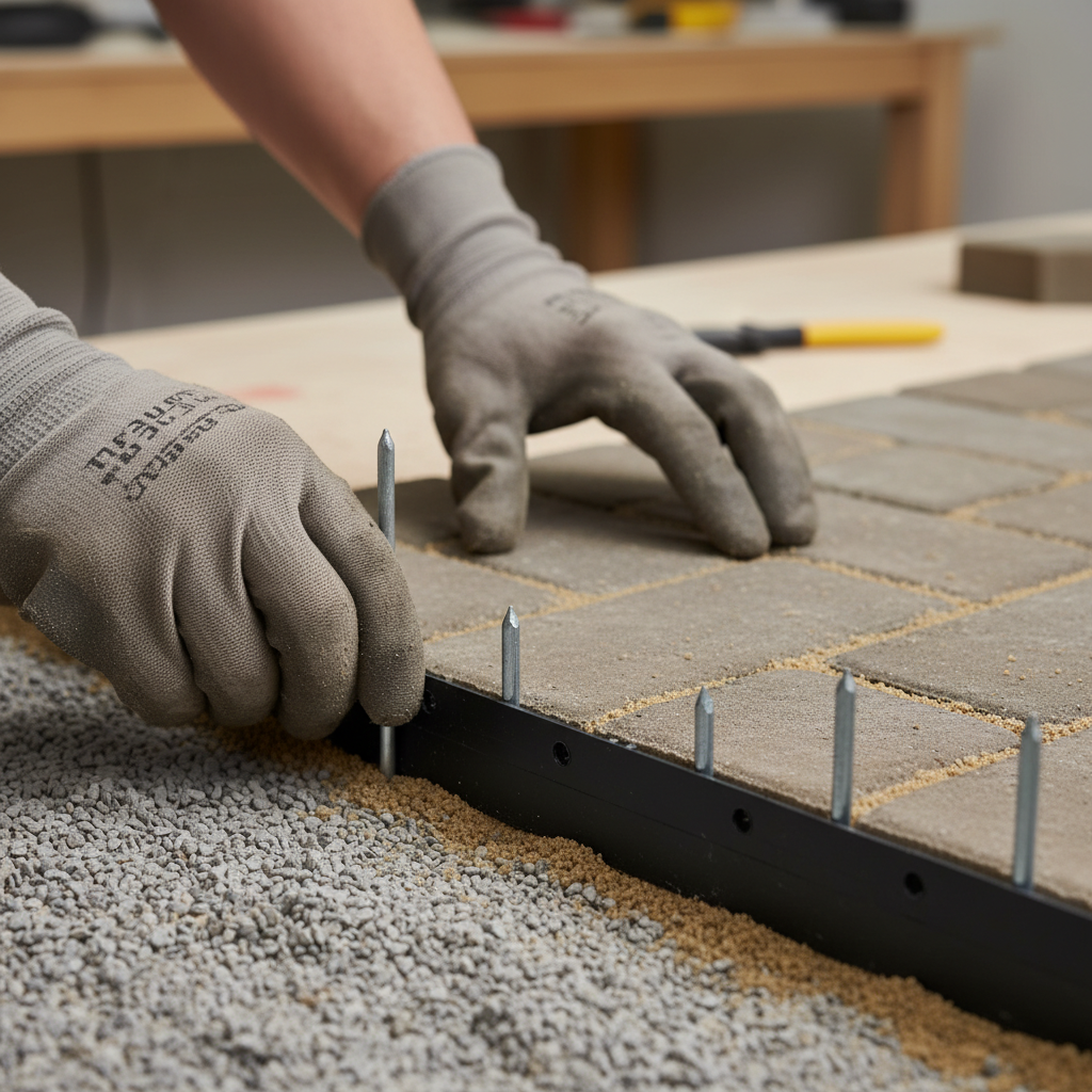 Close-up of interlocking paver edge restraint being installed for durable commercial walkway in Mississauga