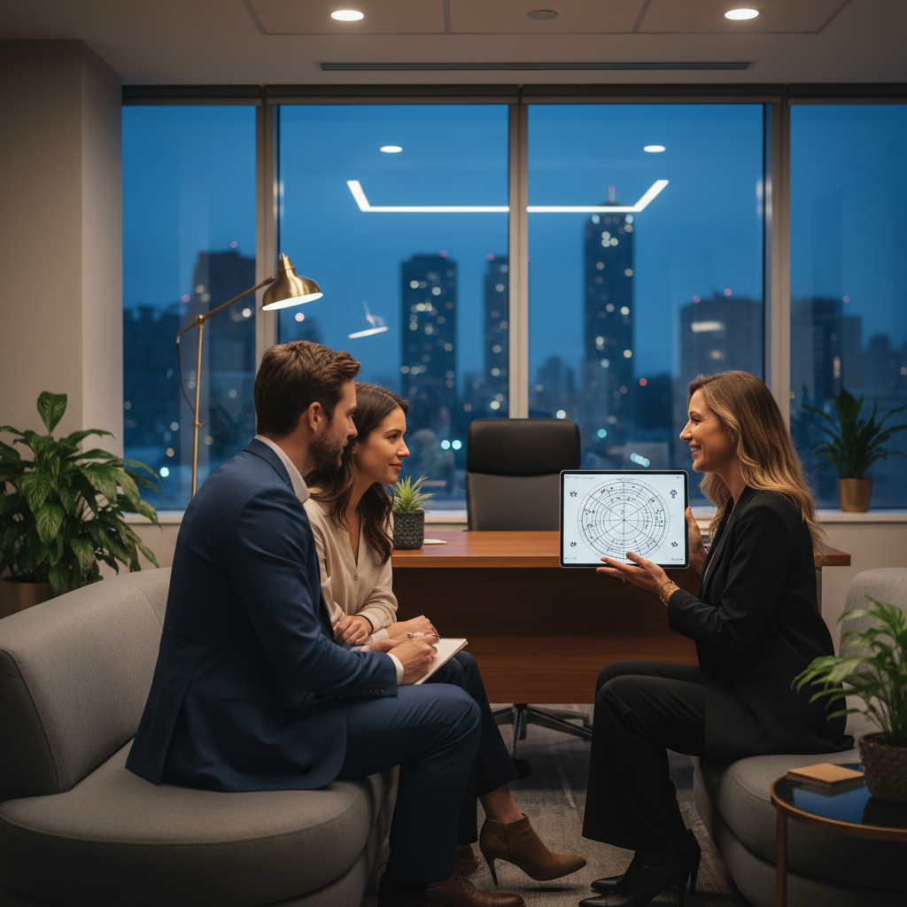 Astrology consultation scene in Brampton where a couple reviews relationship compatibility chart questions, synastry insights, and an action plan