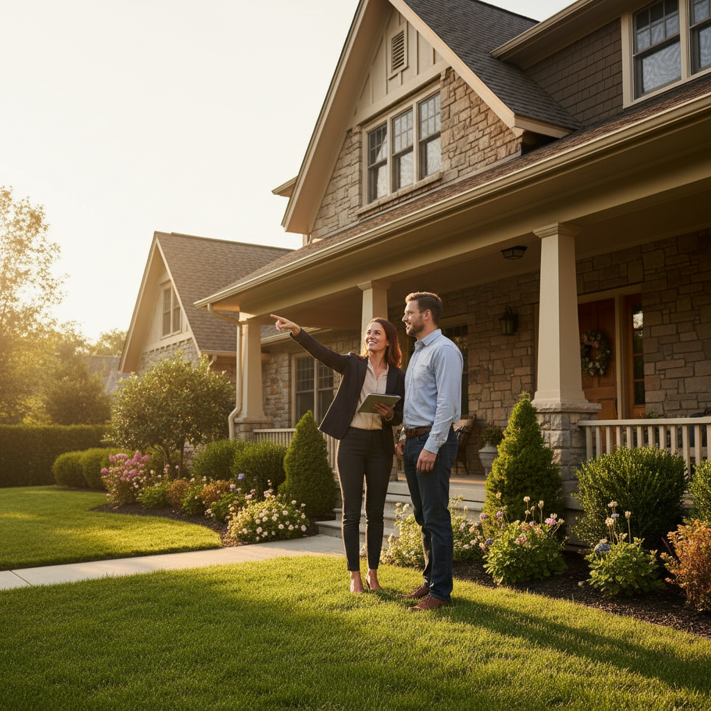 Real estate agent and homeowner reviewing exterior features to refine a home value estimate