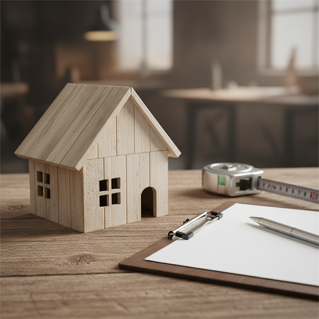 Close-up of valuation tools for a home value estimate: model house, tape measure, and checklist