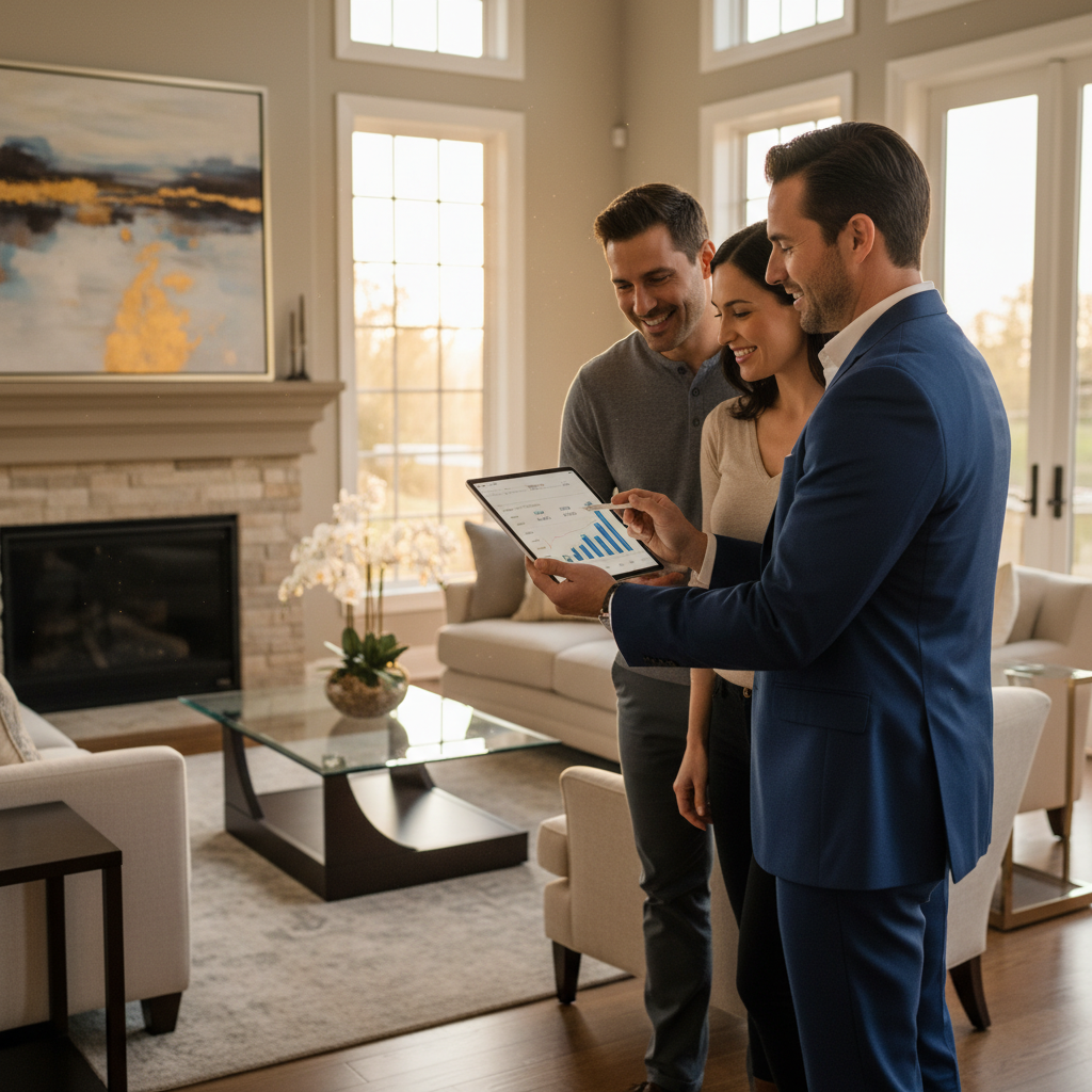 Real estate agent discussing mortgage numbers with clients on a tablet in a living room setting