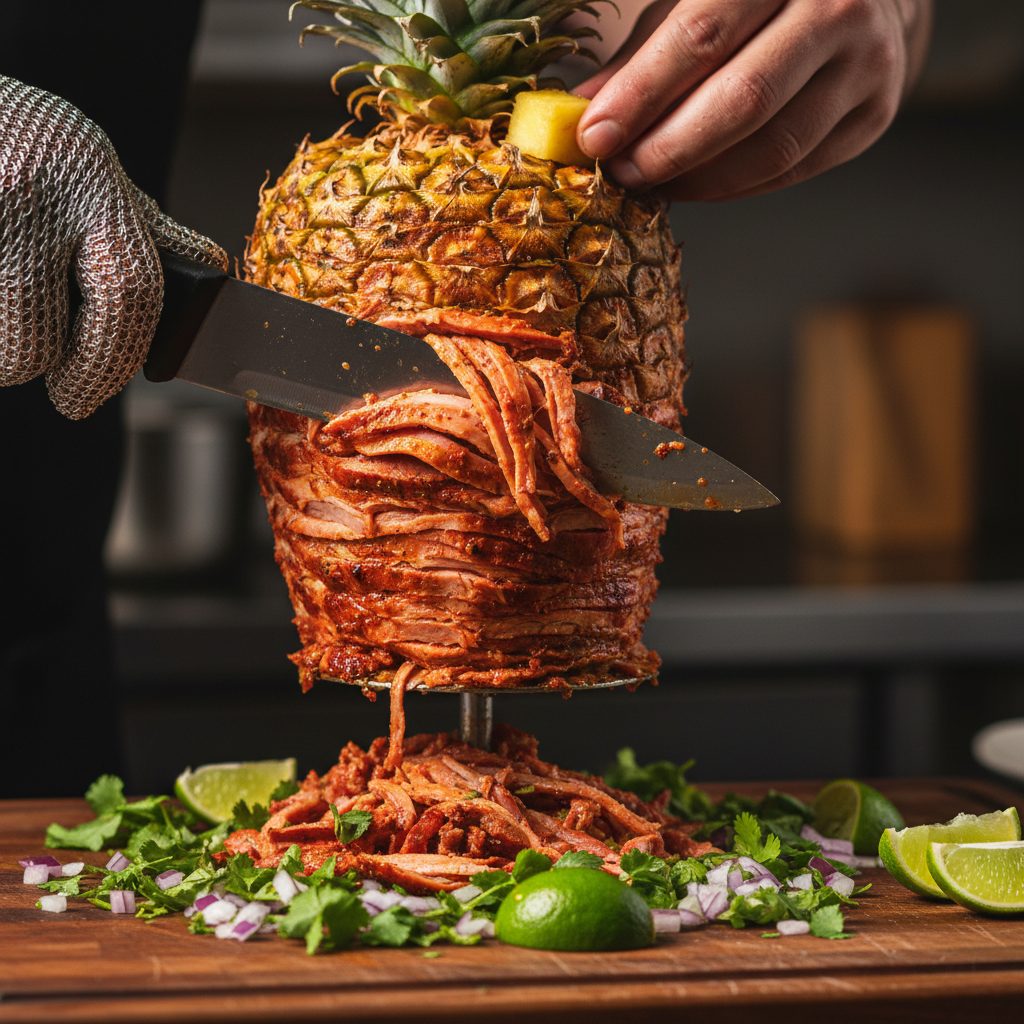 Close-up of al pastor being sliced for Mexican takeout in Toronto with fresh cilantro, onions, and lime for La Rio’s Mexican Grill