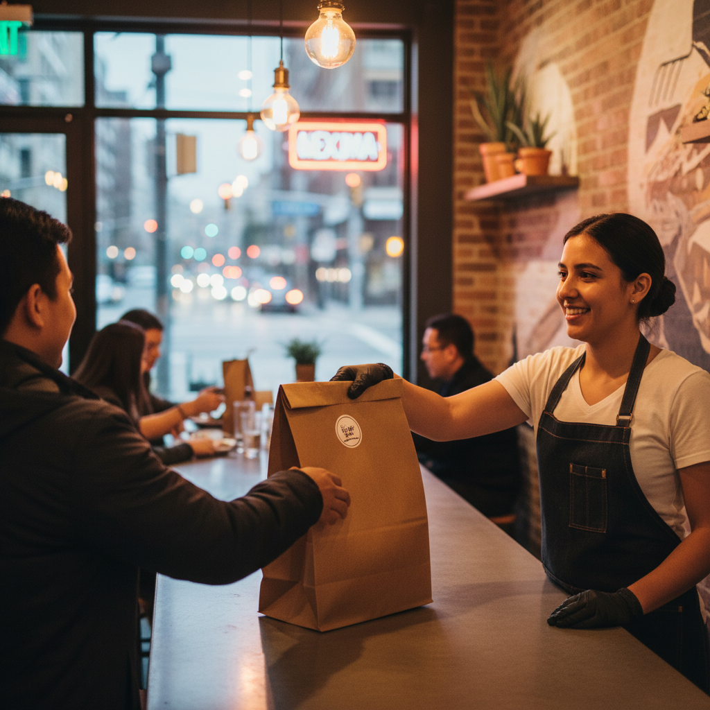 Takeout handoff at a Mexican grill in Toronto with eco-friendly bag ready for pickup at La Rio’s Mexican Grill