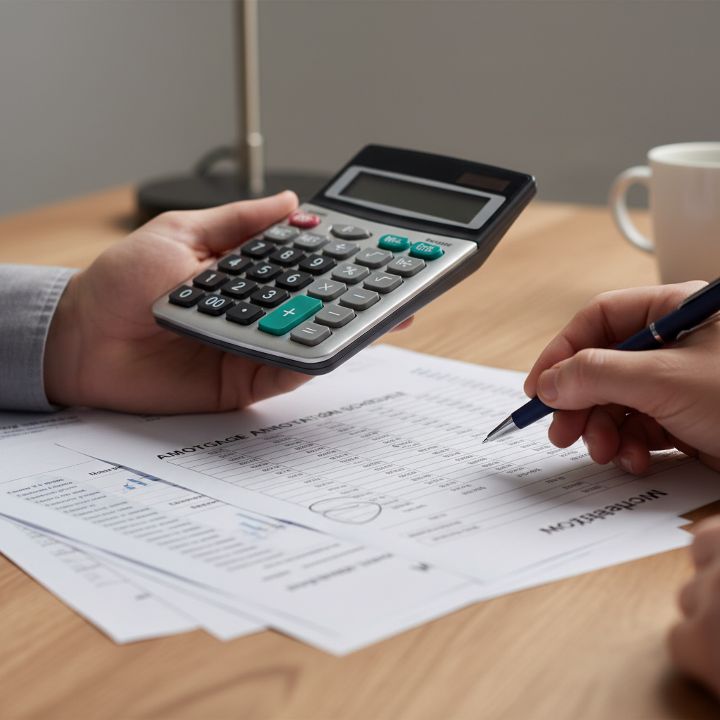 Close-up of hands using a calculator over an amortization schedule to estimate monthly mortgage payment
