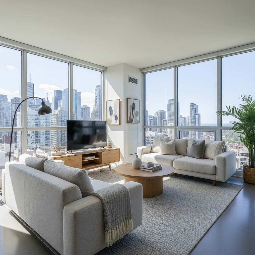 Staged modern Toronto condo living room with floor-to-ceiling windows, neutral decor, and city views, illustrating listing presentation best practices