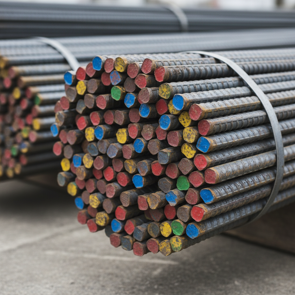 Close-up of bundled rebar with color-coded ends used in construction site material management for accurate issuance and tracking