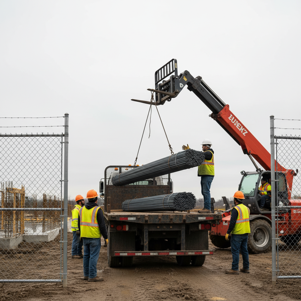 Flatbed truck loading rebar bundles for sequenced delivery in a material management plan