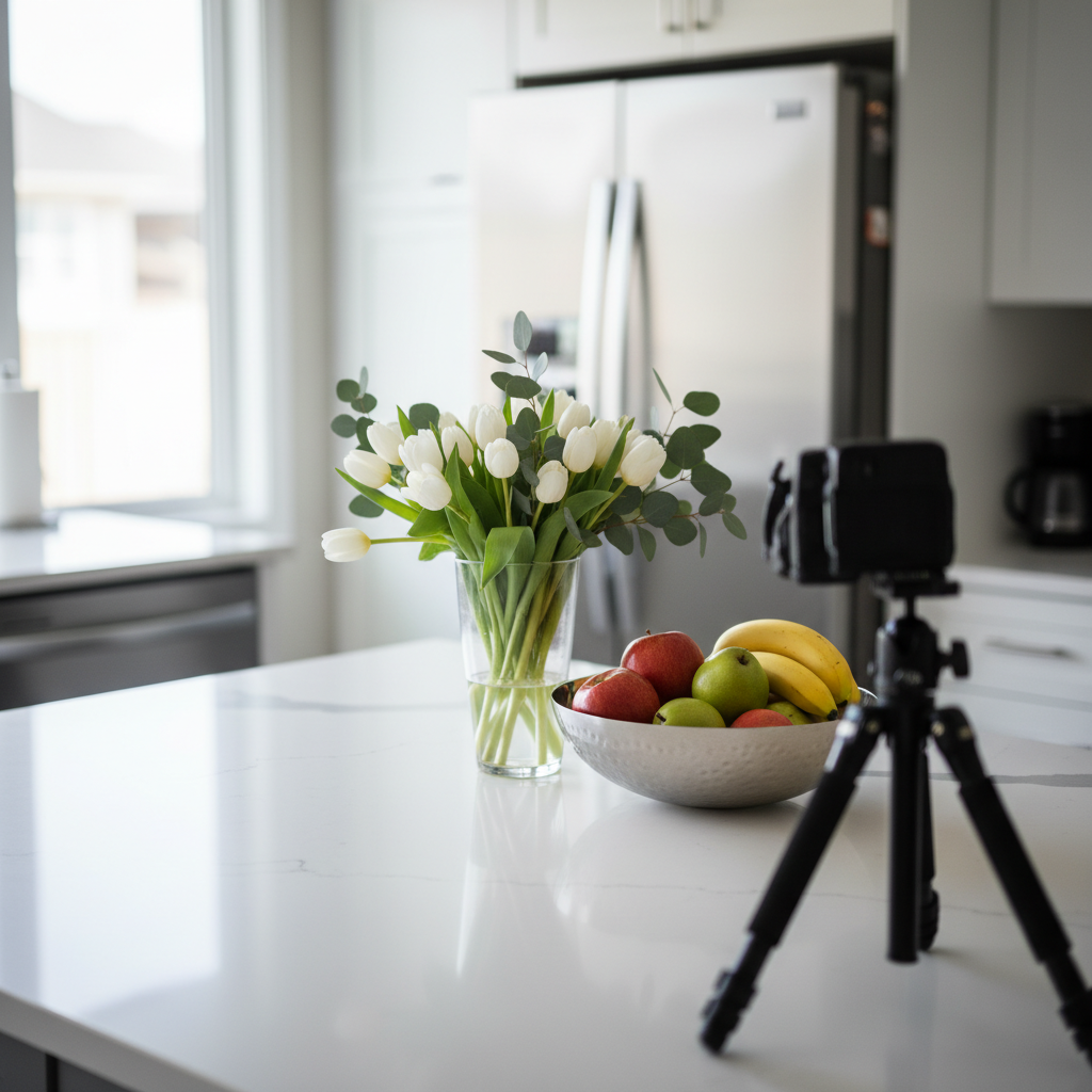 Staged kitchen detail for a property for sale listing on Houseup with bright quartz island and natural light