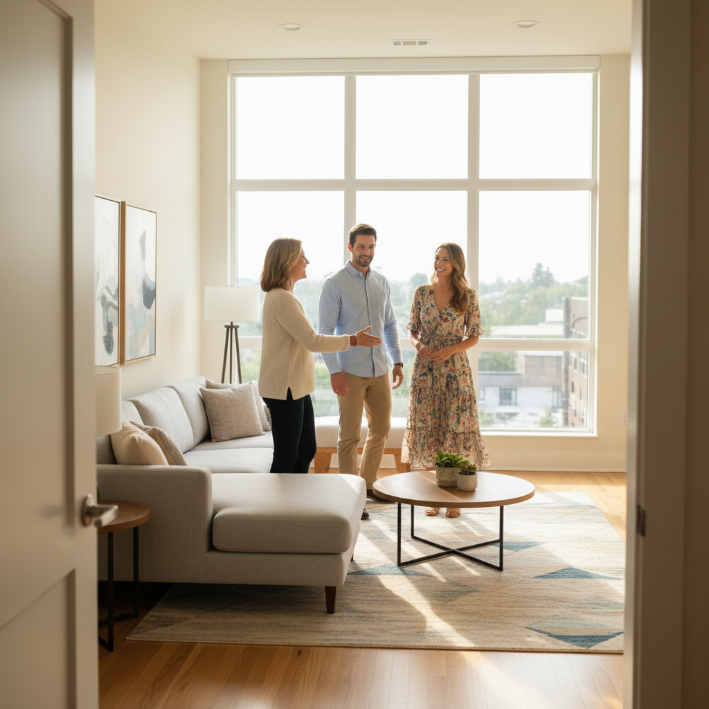 Home viewing on Houseup with buyers entering bright living room to evaluate layout and light
