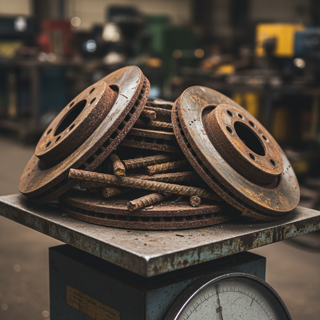 Close-up of rusted cast iron brake rotors and rebar on a scale platform illustrating iron scrap price per pound grading