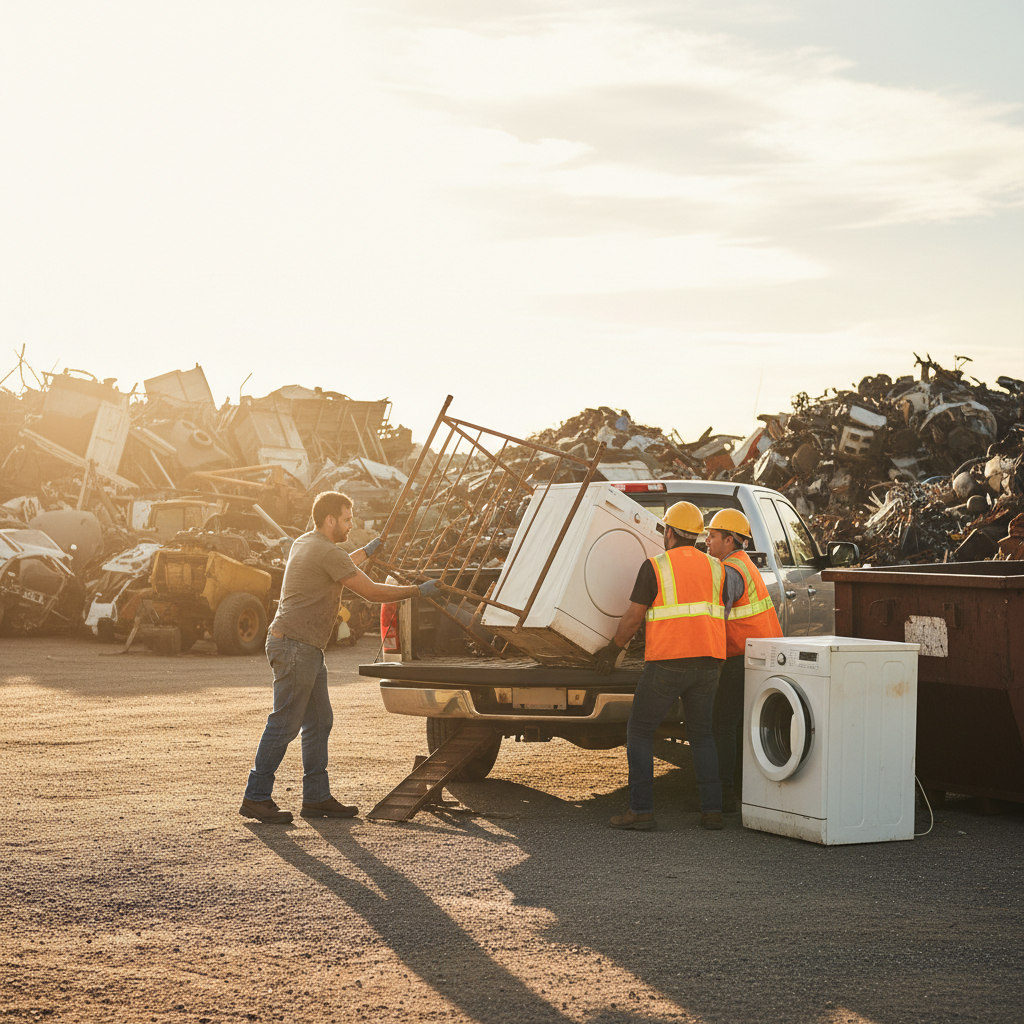 Homeowner unloading a metal bed frame and appliances at a scrap drop-off, showing best practices to improve iron scrap value