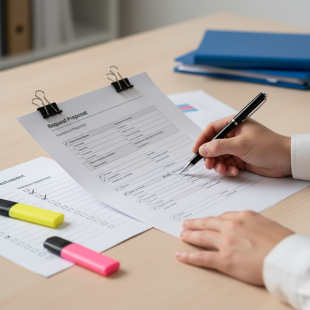 Close-up of hands annotating an RFP checklist for a government proposal, showing compliance-first approach