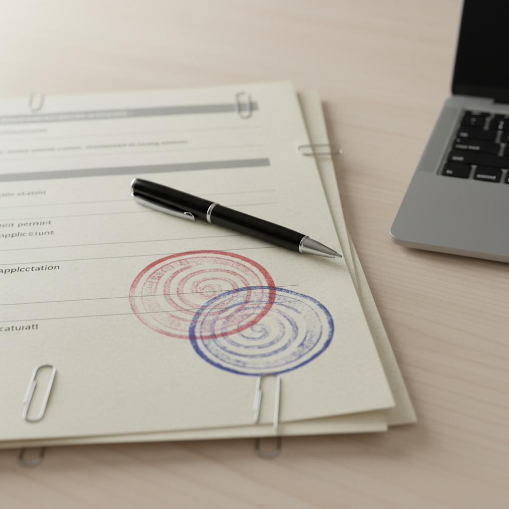Detail shot of permit application forms and compliance documents for licensing and permits Canada, used by Toronto startups planning inspections