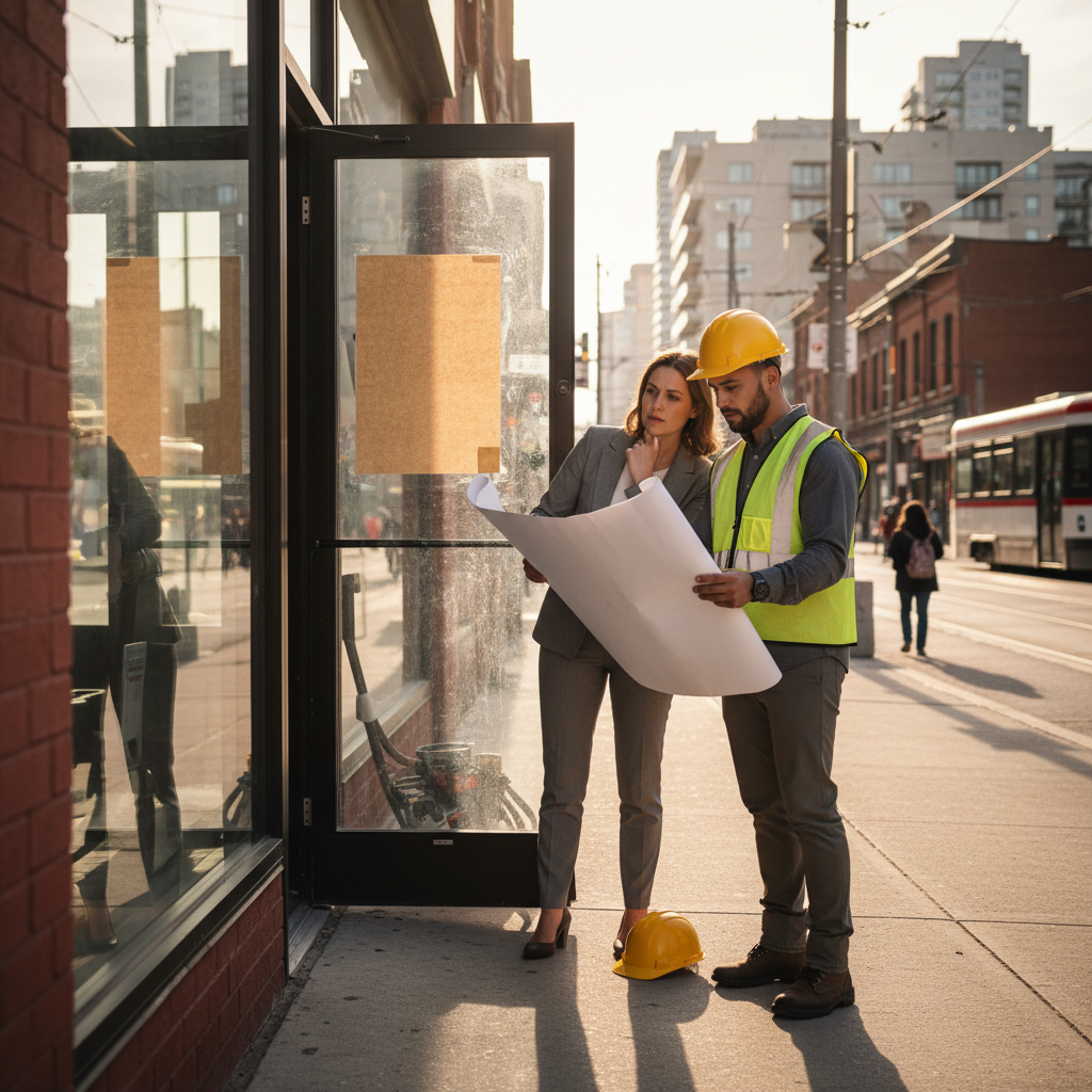 Toronto storefront preparing to open as owner and contractor review floor plans, illustrating permit sequencing and inspection timing