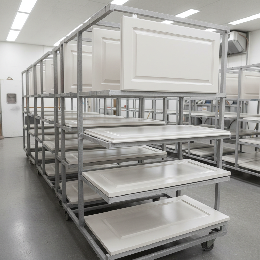 Freshly spray-painted cabinet doors drying on racks for a smooth, durable satin finish