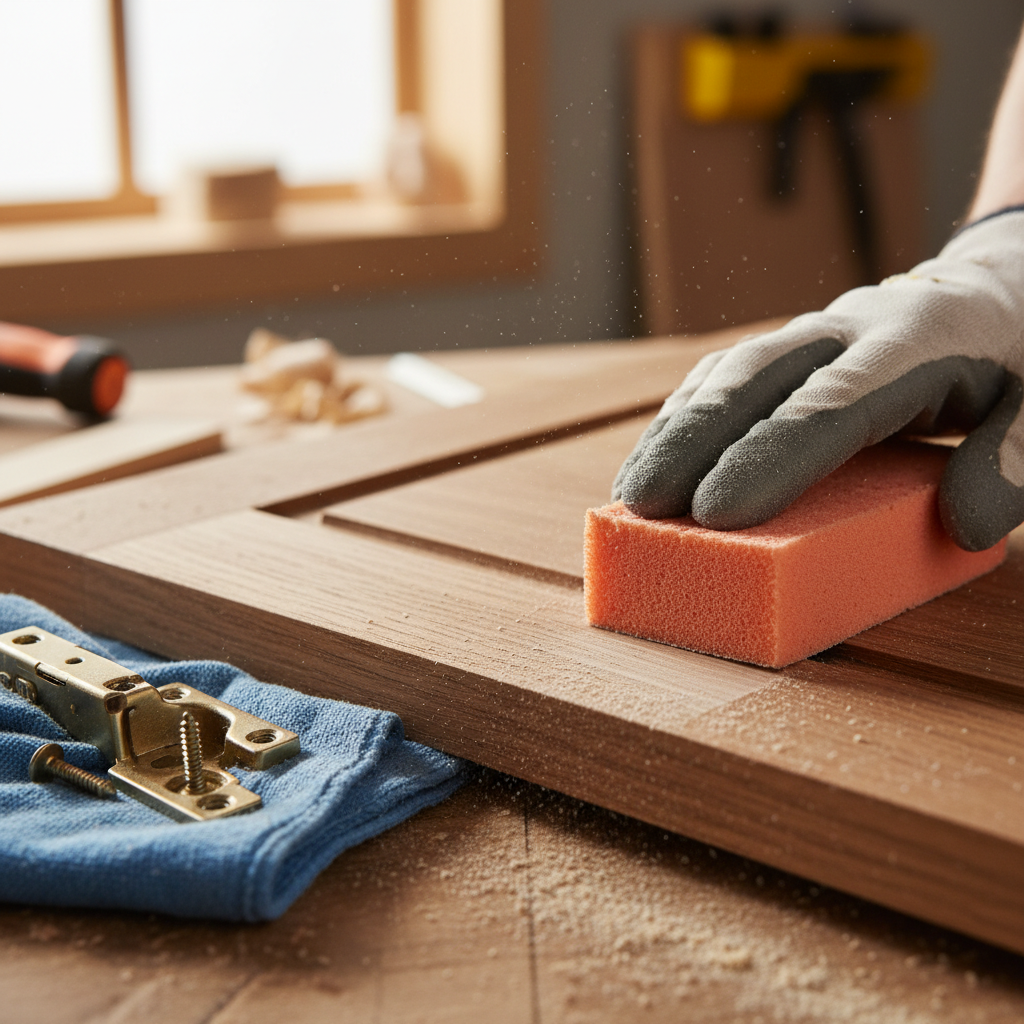Close-up sanding of a kitchen cabinet door during repaint prep using 220-grit for a smooth finish