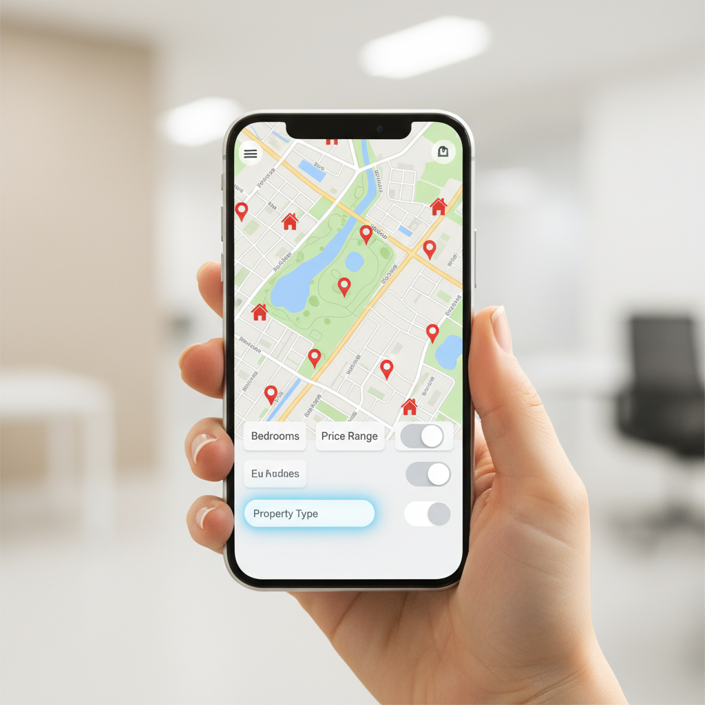 Close-up smartphone with real estate map filters for Surrey MLS listings, showing property pins and filter toggles for an efficient property search